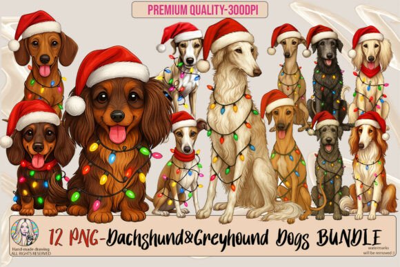 BUNDLE X-mas Dachshund & Greyhound Dogs: Festive Design Assets
